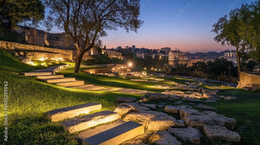 A panoramic view of a city at dusk, with ancient ruins and a lush lawn lit by warm lights. A panoramic view of a city at dusk, with ancient ruins and a lush lawn lit by warm lights.