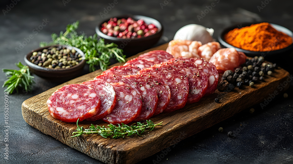 Raw Sausage on a Wooden Board Accompanied by Spices and Herbs
Raw Sausage on a Wooden Board Accompanied by Spices and Herbs