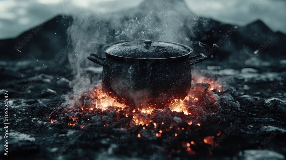 Cooking Pot Over Fiery Coals with Smoky Background Cooking Pot Over Fiery Coals with Smoky Background