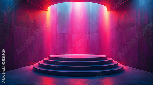 Neon Stage Podium: Futuristic circular stage bathed in vibrant pink and blue neon lights, perfect for product displays, music events, or presentations. A modern, atmospheric setting. 