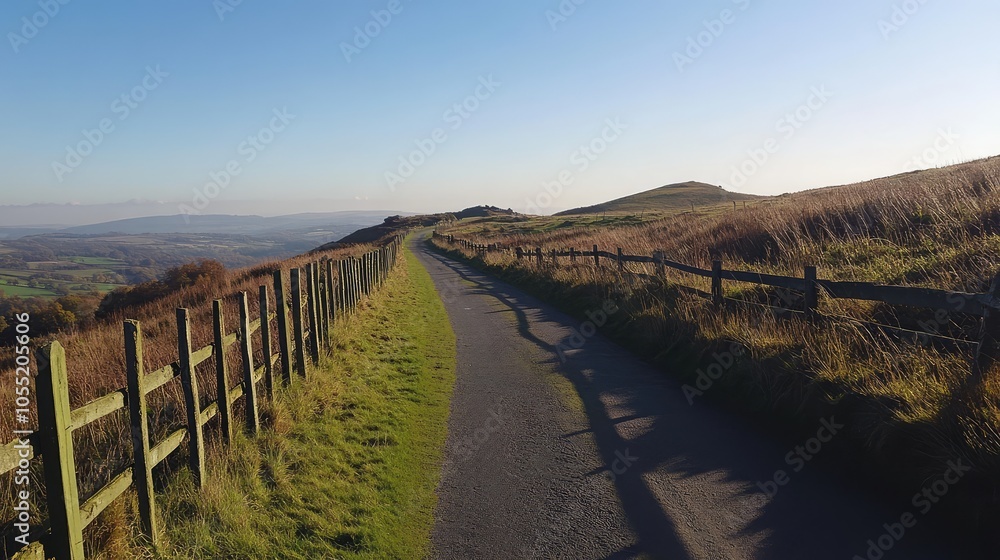 A narrow country road lined with a wooden fence, stretching into the horizon under a clear blue sky A narrow country road lined with a wooden fence, stretching into the horizon under a clear blue sky