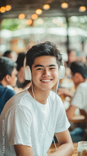 A teenage boy smiles while wearing headphones, enjoying a lively hangout with friends