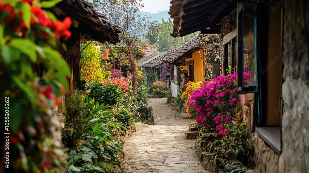Naklejka premium A narrow pathway through a traditional village, with quaint cottages and blooming gardens creating a serene atmosphere.