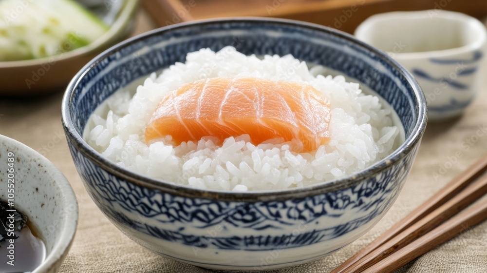Asian Breakfast with Steamed Rice and Hot Tea Asian Breakfast with Steamed Rice and Hot Tea