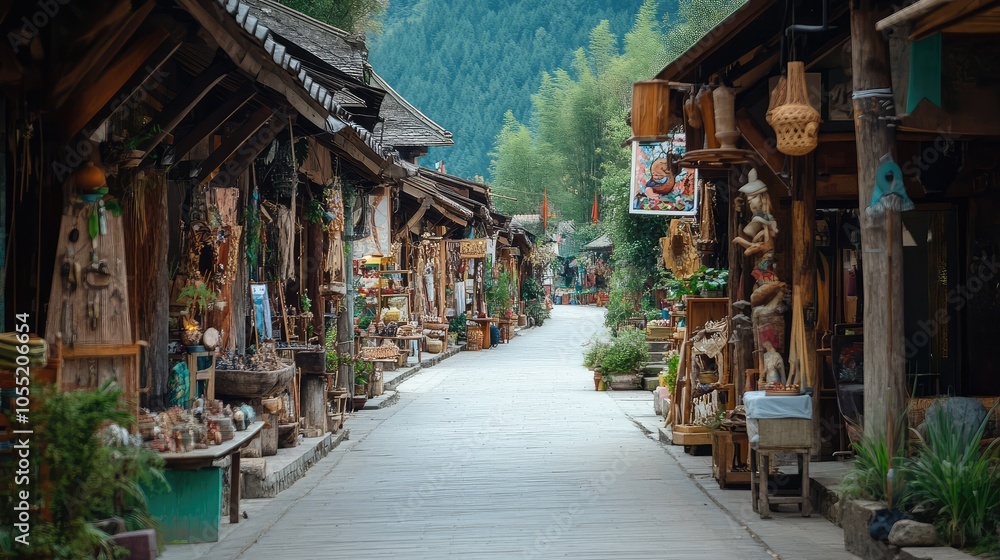 Fototapeta premium A narrow road in a sleepy village, with local artisans showcasing their crafts in small shops along the way.