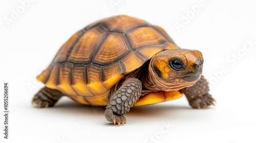 Adorable 4 month old baby tortoise slowly walking on white background, showcasing its unique shell patterns and vibrant colors, evoking sense of curiosity and charm