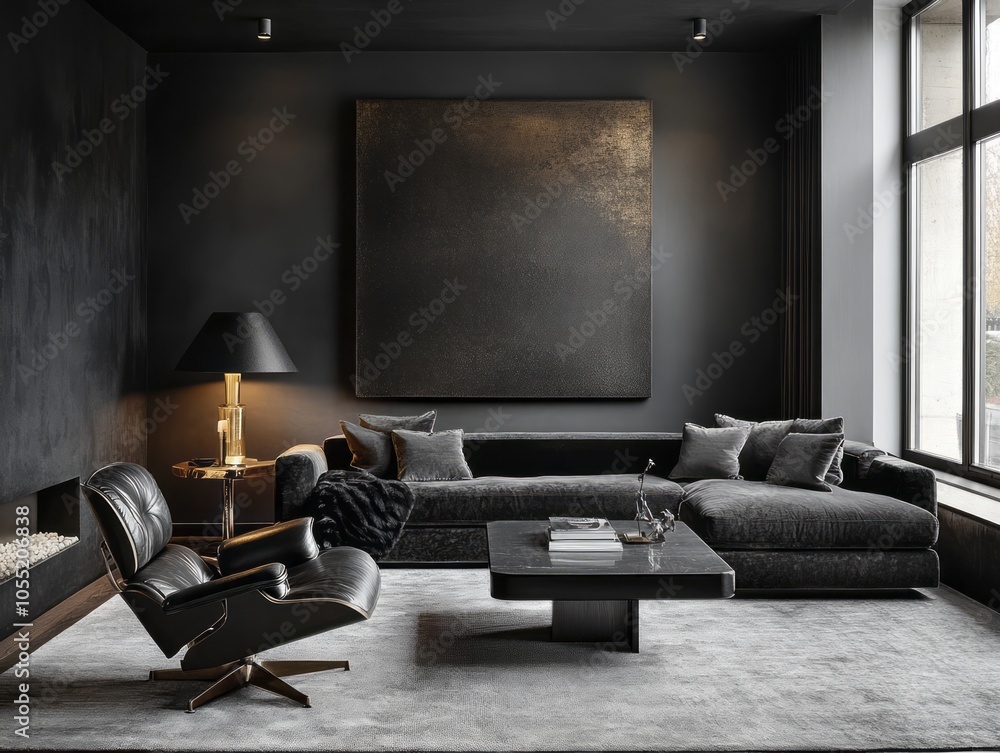 Gray walls paired with black furniture and metallic accents for a sleek, modern masculine room Gray walls paired with black furniture and metallic accents for a sleek, modern masculine room