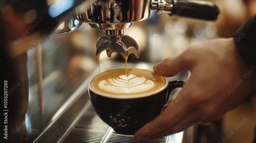 A close-up of a barista s hands pouring latte art into a cup A close-up of a barista s hands pouring latte art into a cup