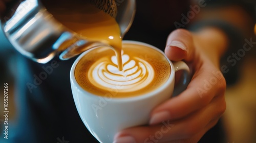 A close-up of a barista s hands pouring latte art into a cup photo