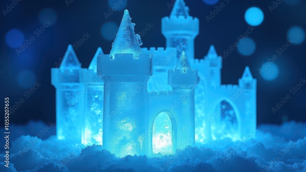 An enchanting ice castle glows with blue light, its intricate spires and turrets rising from snowy terrain, creating a magical, wintery scene. An enchanting ice castle glows with blue light, its intricate spires and turrets rising from snowy terrain, creating a magical, wintery scene.