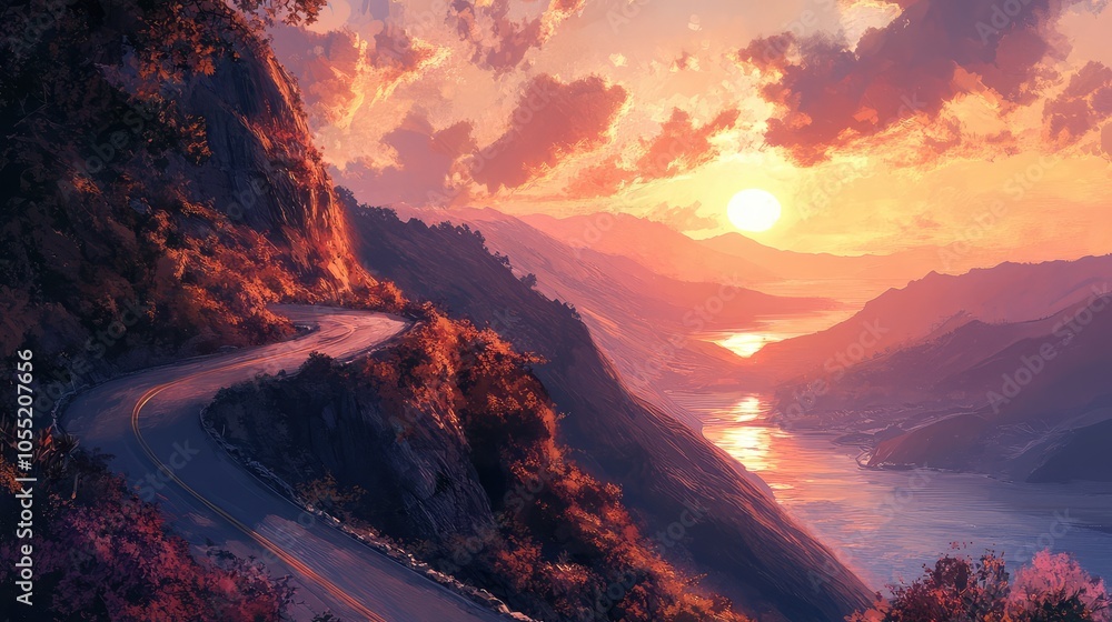Fototapeta premium A narrow, winding road hugging the curves of a steep mountain, with the sun setting behind the distant hills