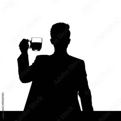 A businessman silhouette raising a cup in a toast, as if celebrating a business success