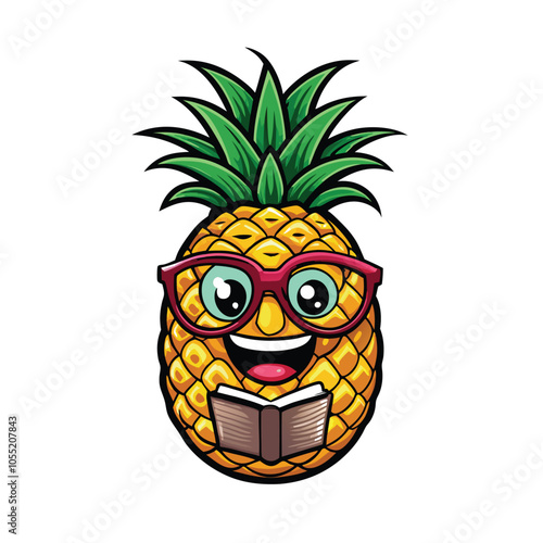 A cute cartoon pineapple wearing round, oversized glasses. The pineapple has a friendly smile and is wearing a straw hat.