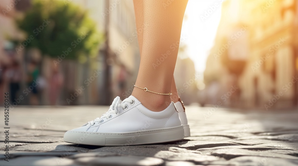 Stylish White Sneakers on Cobblestone Pathway Stylish White Sneakers on Cobblestone Pathway