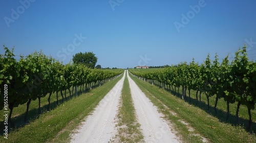 A peaceful narrow road leading to a vineyard, with rows of grapevines stretching out on either side under a clear blue sky.