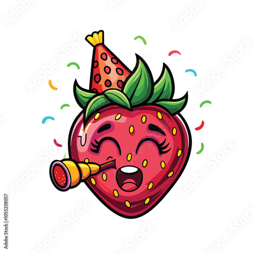 A cute cartoon strawberry wearing a festive party hat, smiling brightly and ready to celebrate.