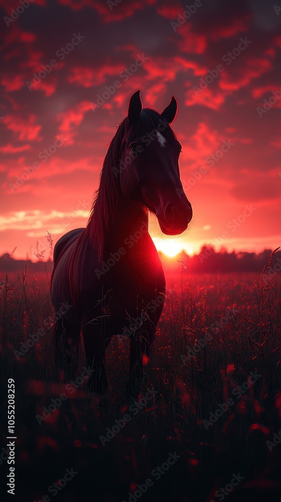Majestic horse silhouette in a tranquil field at dusk, vibrant glowing sky enhances the serene atmosphere, intricate details shine through. Majestic horse silhouette in a tranquil field at dusk, vibrant glowing sky enhances the serene atmosphere, intricate details shine through.