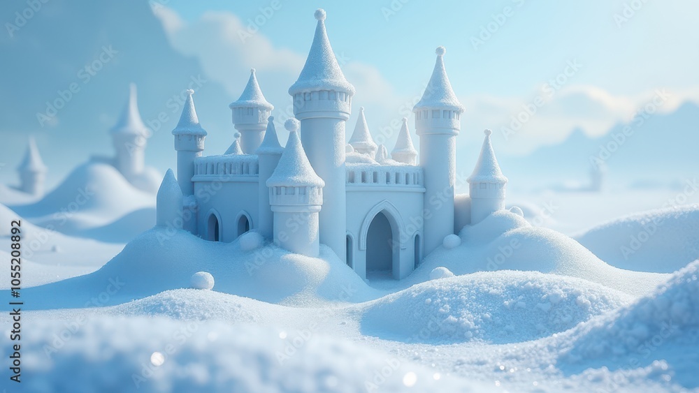 Fototapeta premium A snow castle with multiple towers stands in a snowy landscape, surrounded by trees. The scene is serene and bathed in soft blue light.