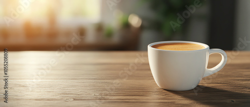 A white coffee cup filled with hot beverage, placed on a rustic wooden table with a warm ambiance, perfect for morning routines or cozy moments.