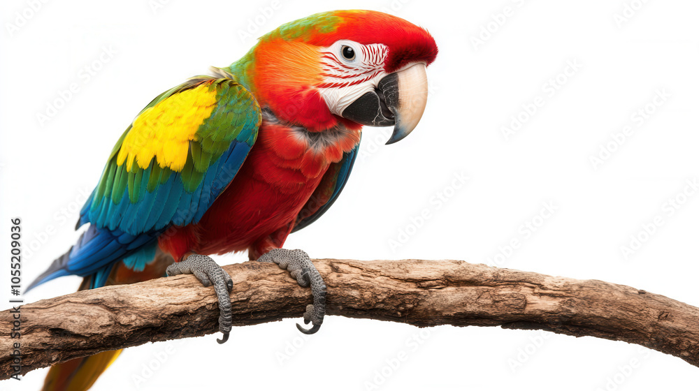 Obraz premium Colorful parrot perched on branch, showcasing vibrant feathers and playful demeanor. This stunning bird captivates with its bright red, green, and blue plumage