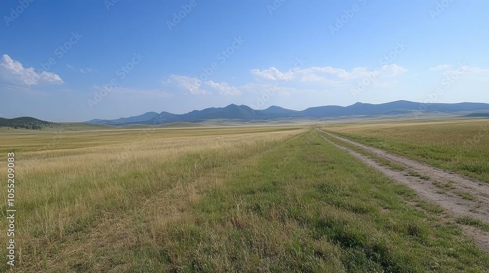 Fototapeta premium A remote road cutting through a grassy plain, with distant mountains visible in the background and no one around