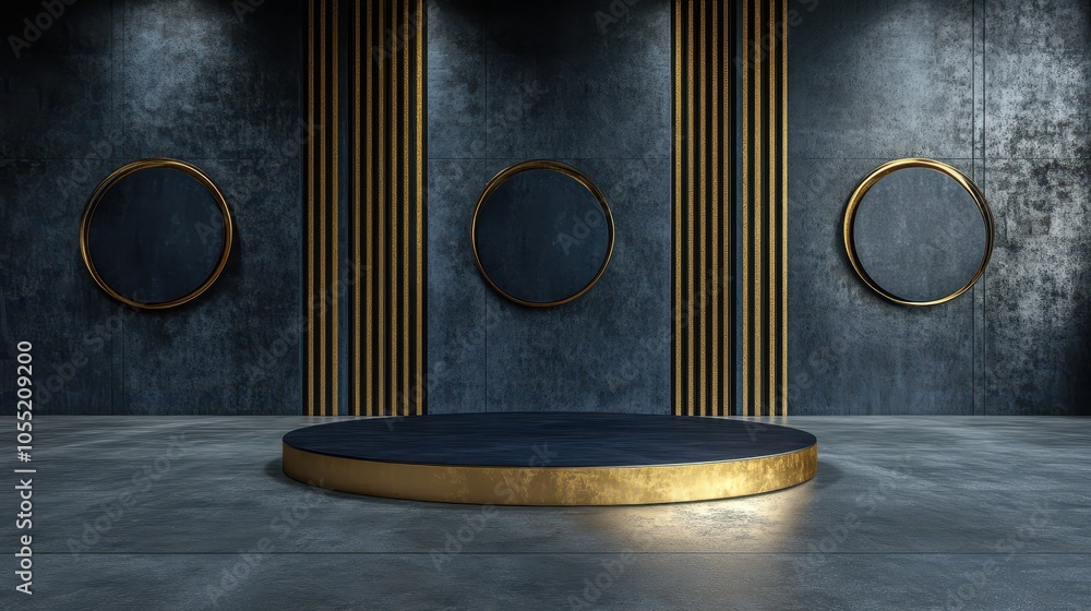 Geometric navy and gold podium set in a minimalist dark space, modern luxury aesthetic Geometric navy and gold podium set in a minimalist dark space, modern luxury aesthetic