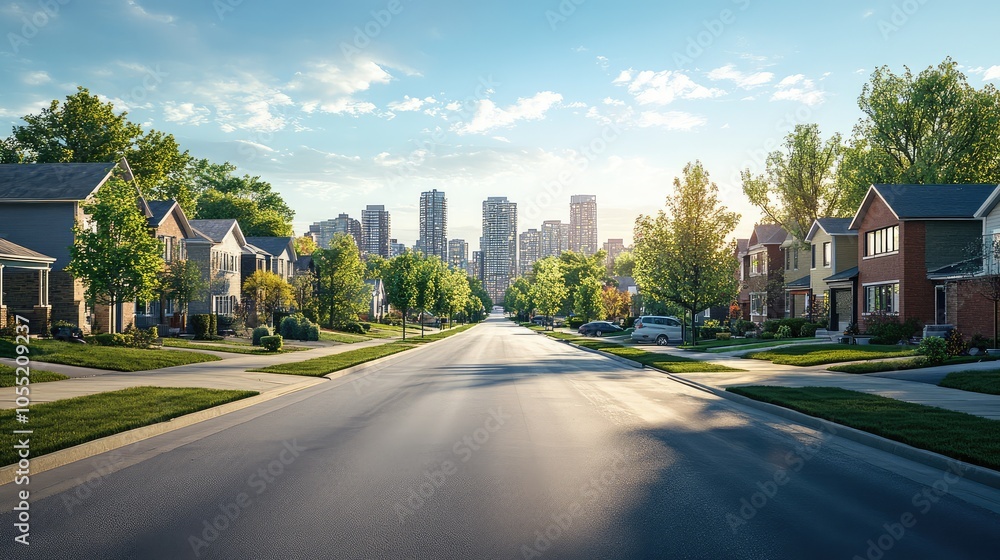 A road blending from urban concrete to a suburban neighborhood, with high-rises in the distance and houses lining the streets A road blending from urban concrete to a suburban neighborhood, with high-rises in the distance and houses lining the streets