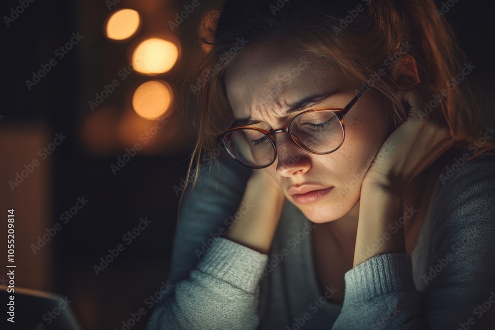 Stressed and tired young woman with eyeglasses suffering from headache, working late at night in home office Stressed and tired young woman with eyeglasses suffering from headache, working late at night in home office