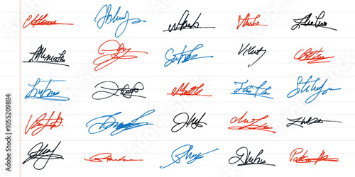 Handwritten Set of Inked Fake Scribble Signatures. Collection of stylized autographs in red, blue and black ink.