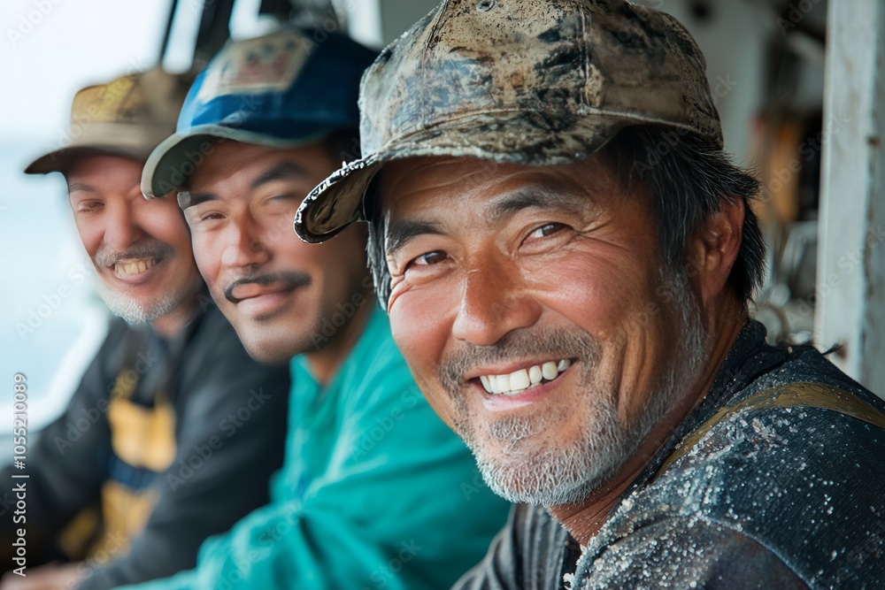 Crew members share laughs as they tell fishing jokes on the boat. They enjoy the camaraderie that comes with their work Crew members share laughs as they tell fishing jokes on the boat. They enjoy the camaraderie that comes with their work