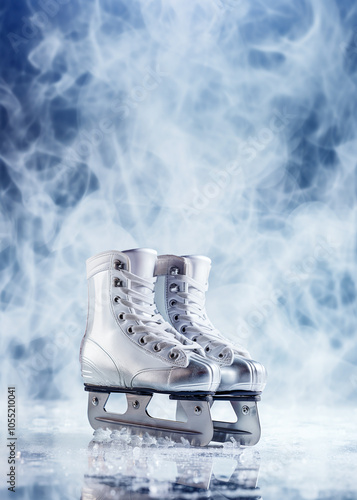 Women's silver skates on ice with snow. Vertical photo for sports equipment in shoe store, figure skating photo