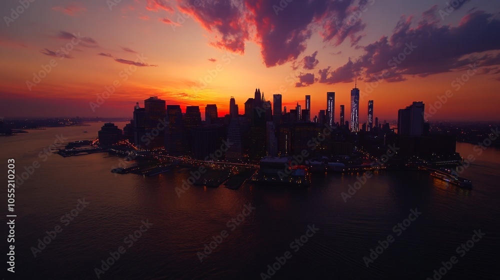 A stunning silhouette of the New York City skyline against a vibrant sunset sky, showcasing the city's iconic architecture and vast cityscape. A stunning silhouette of the New York City skyline against a vibrant sunset sky, showcasing the city's iconic architecture and vast cityscape.