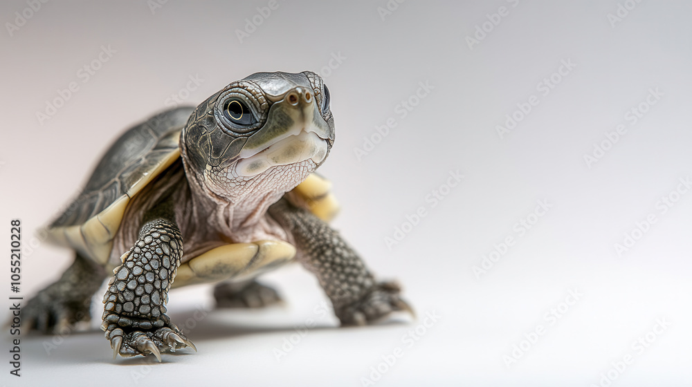 Naklejka premium sweet 4 month old baby turtle peeking out with curiosity, showcasing its intricate shell and expressive features. This adorable creature captures essence of youth and wonder
