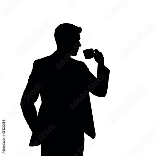 A businessman silhouette standing and drinking coffee, with one hand holding a coffee cup near his mouth