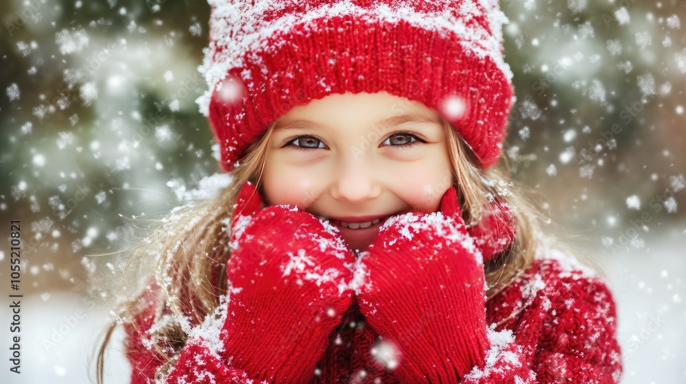 Joyful Child in Red Winter Attire Smiling in Snow Joyful Child in Red Winter Attire Smiling in Snow