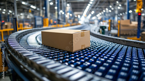 Packed courier on production line against cardboard boxes in warehouse 