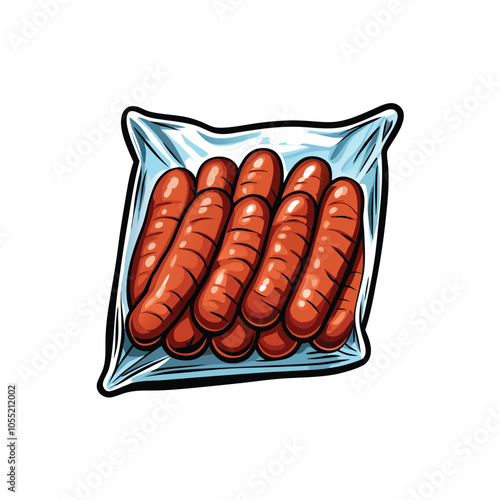 A realistic vector illustration of a frozen package of sausages, showcasing the individual sausages in a tightly packed arrangement within the sealed packaging.