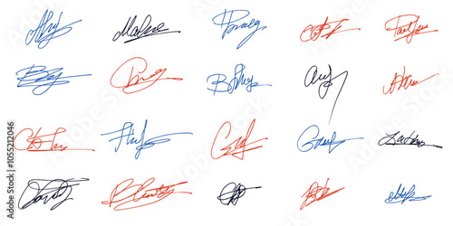 Collection of Inked Fake Scribble Signatures in Red, Blue and Black Ink. Handwritten creative autographs written with pen. 