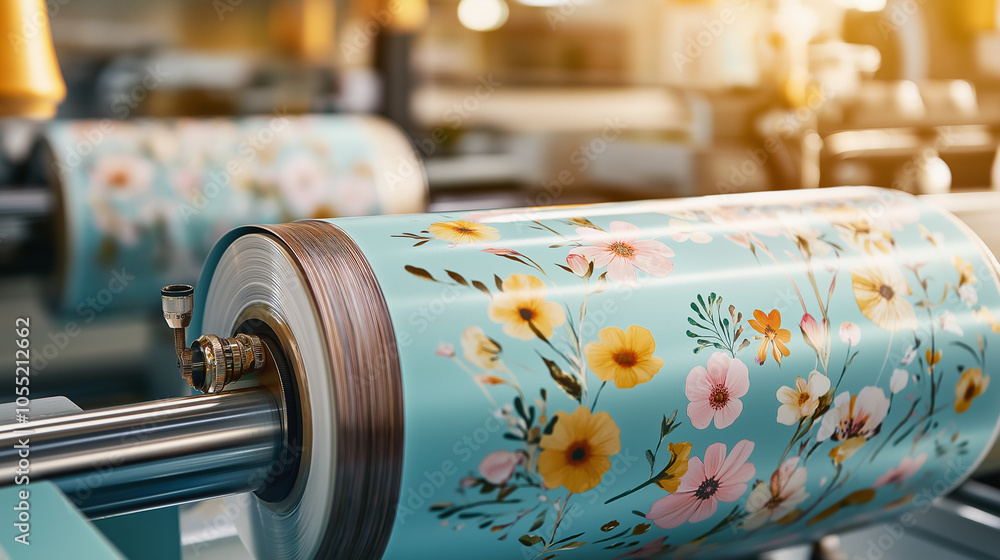 Close-up of a roll of floral patterned paper in a printing press. Close-up of a roll of floral patterned paper in a printing press.