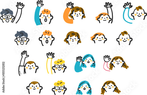笑顔の小学生と挙手する小学生　　セットのストックイラスト素材
