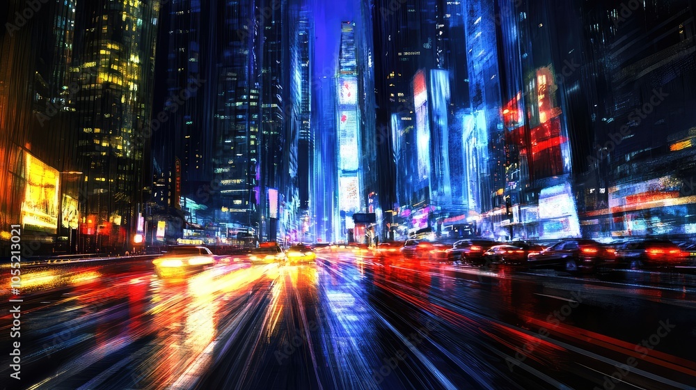 A sleek, illuminated road in a futuristic cityscape, with glowing lanes and towering glass skyscrapers reflecting neon lights A sleek, illuminated road in a futuristic cityscape, with glowing lanes and towering glass skyscrapers reflecting neon lights