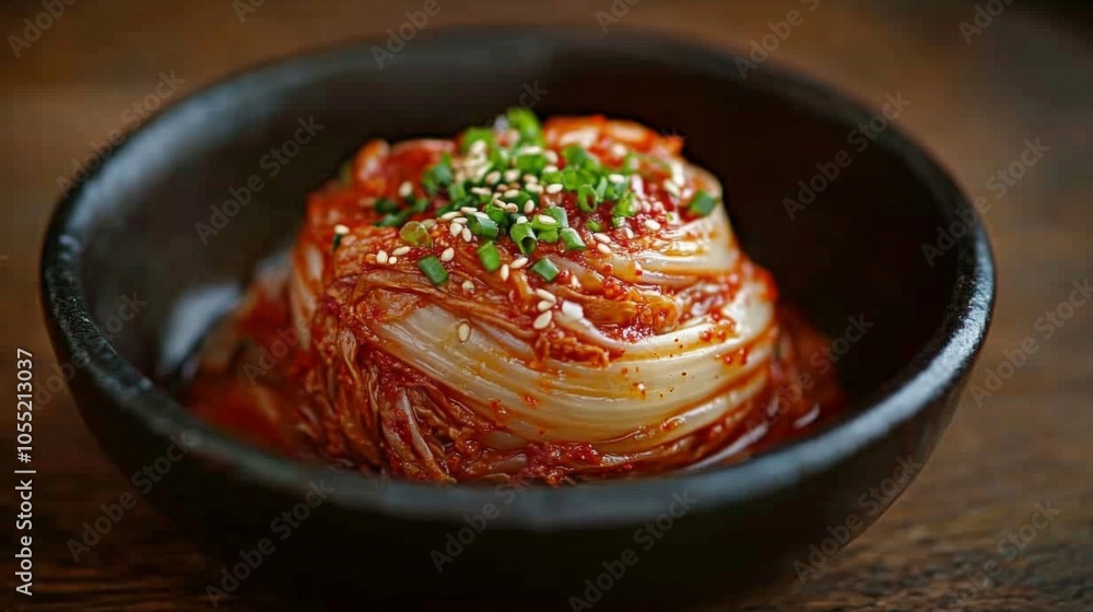 Delicious Kimchi in Wooden Bowl on Table Delicious Kimchi in Wooden Bowl on Table
