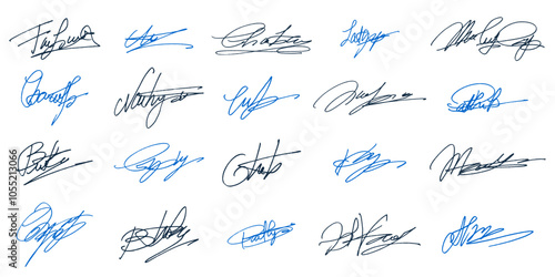 Handwritten Set of Fake Ink Scribble Signatures Isolated on White Background. Set of Unique Inked Autographs in Scribble Style.