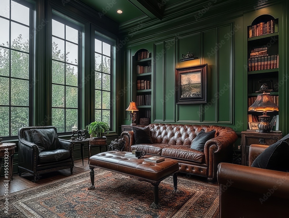 Green walls with leather accents, dark wood furniture, and modern lighting fixtures for a cozy, modern vibe Green walls with leather accents, dark wood furniture, and modern lighting fixtures for a cozy, modern vibe