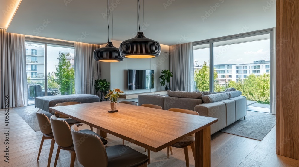 Modern living room with dining area, large windows, and stylish furnishings. Modern living room with dining area, large windows, and stylish furnishings.