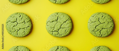 Vibrant green cookies displayed in a neat pattern against a bright yellow background, showcasing unique textures and colors for a playful dessert theme.