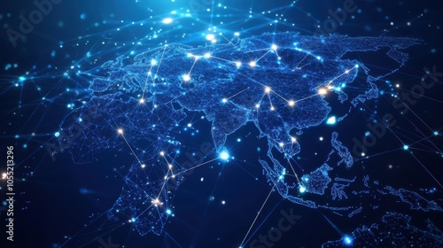 A digital network map of Asia with glowing nodes