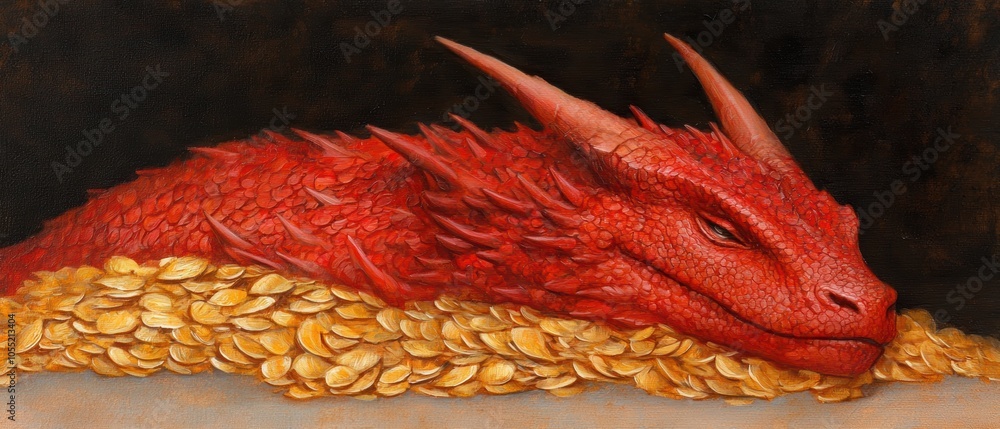 Ancient dragon asleep in a cave filled with gold, scales glittering in ...