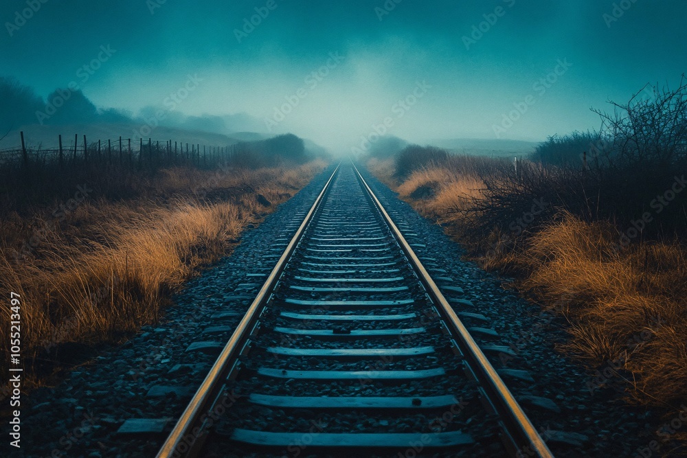 Obraz premium Misty Train Tracks into the Unknown: A Moody Journey