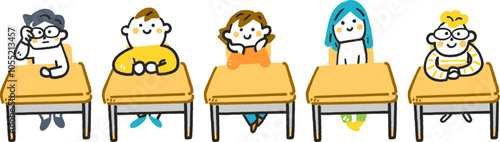 机に座る5人の小学生　セットのストックイラスト素材
